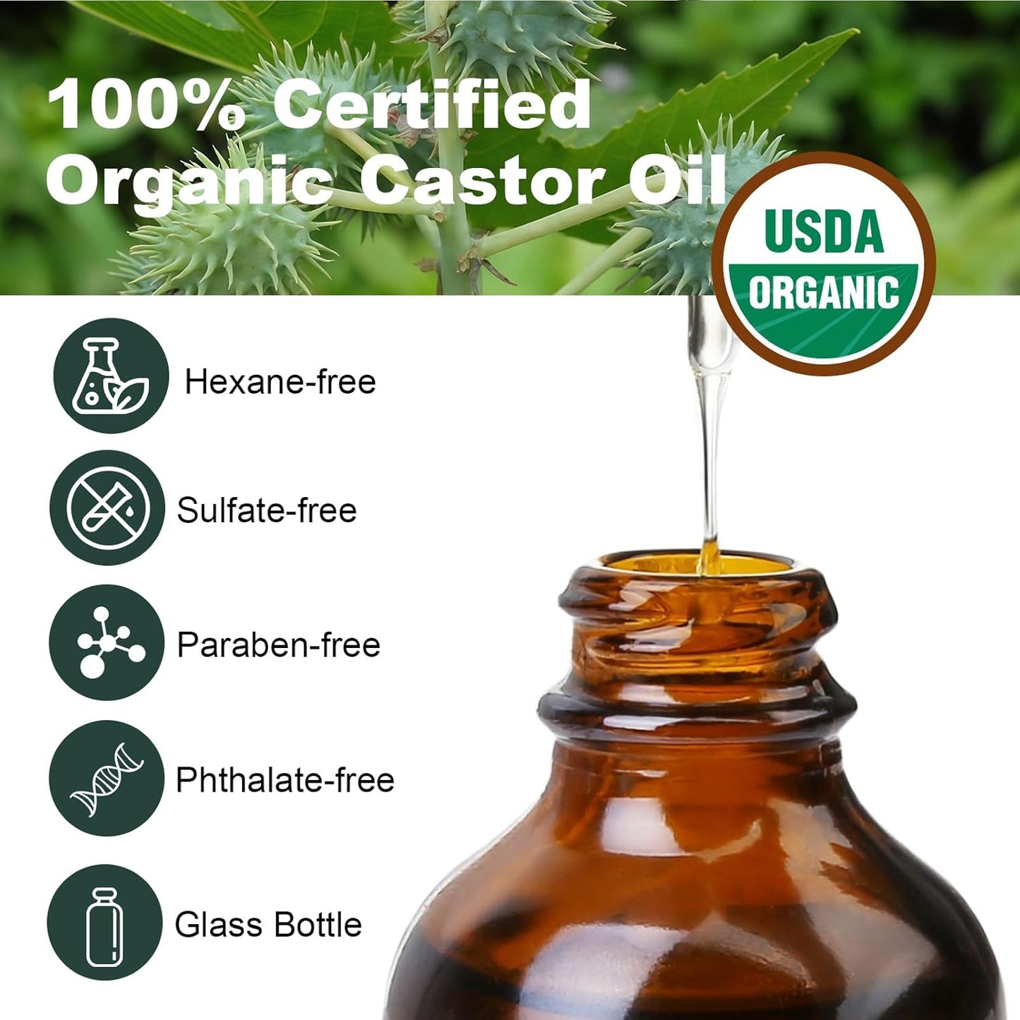 Organic Castor Oil 100% Pure Hexane-Free 4oz Castor Oil with Mascara Tube, Natural Lash Serum Eyebrow Eyelash Growth Serum for Nail Hair Care, Skin Moisturizer, Glass Bottle with Dropper