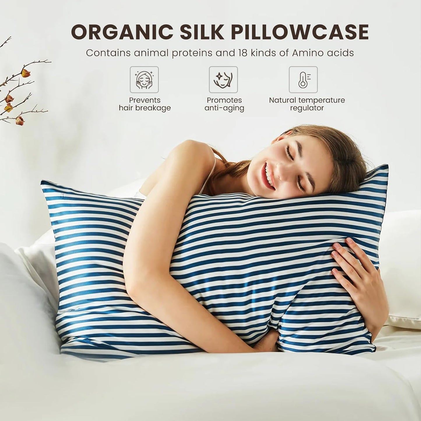 THXSILK Mulberry Silk Pillowcase for Hair and Skin Health, Grade 6A+ Mulberry Silk Pillowcase with Hidden Zipper, Soft and Breathable, 1pc (Queen 20"x30", Blue White Stripes)