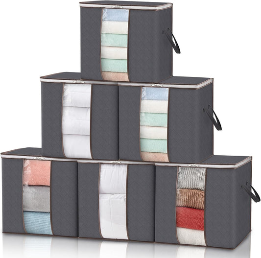 Lifewit 6 Packs 100L Clothes Storage Bag, Storage Bins for Clothes, Blankets, Comforters, Foldable Clothing Storage with Reinforced Handle, Sturdy Zipper, Closet Organizer With Clear Window, Gray