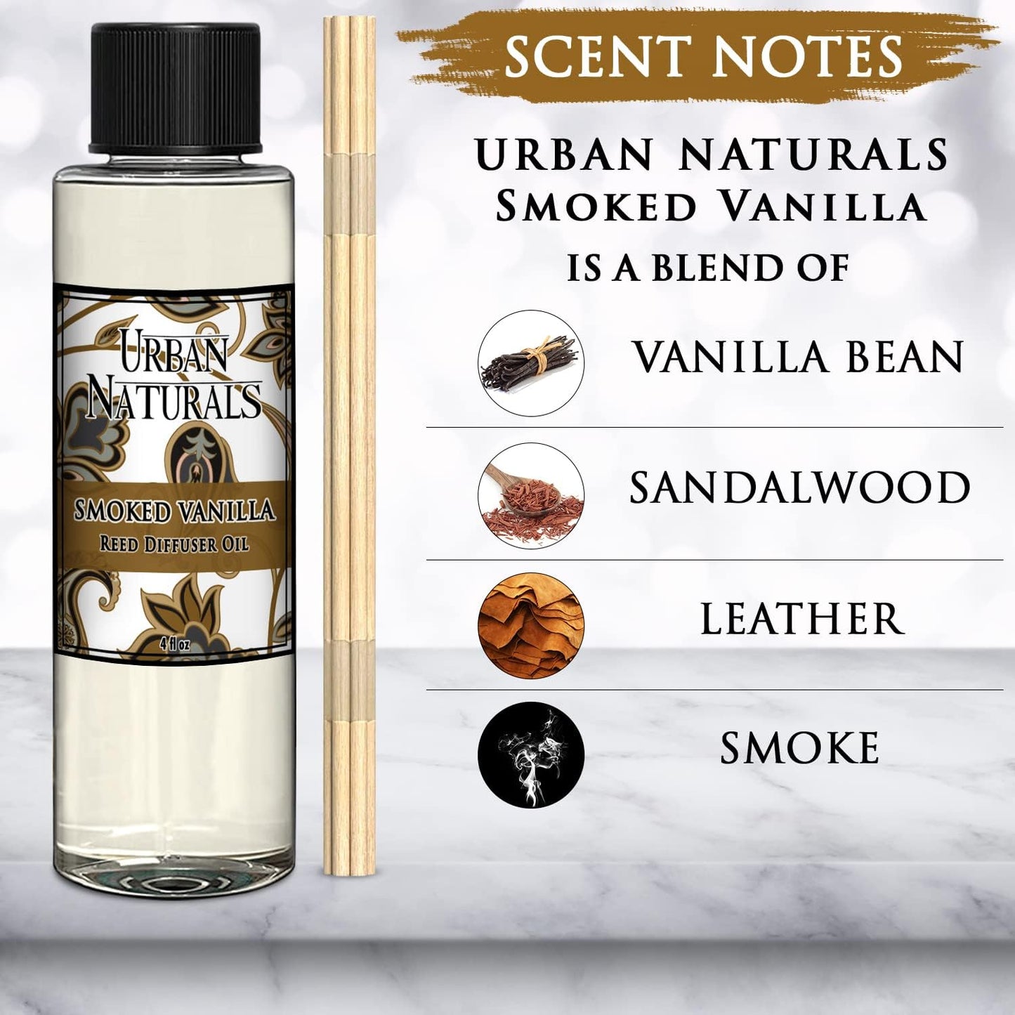 Urban Naturals Smoked Vanilla Scented Oil Reed Diffuser Refill with Free Set of Reed Sticks! A Vanilla Bean, Sandalwood & Leather Scent, 4 oz