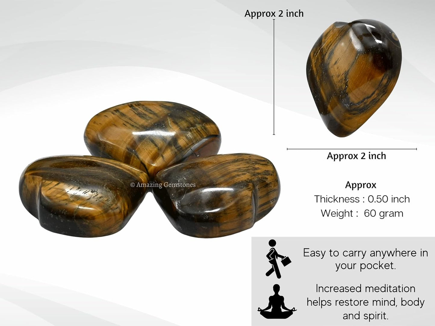 Tiger Eye Crystal Heart Palm Stone - Pocket Massage Worry Stone for Natural Body Chakra Balancing, Reiki Healing and Crystal Grid