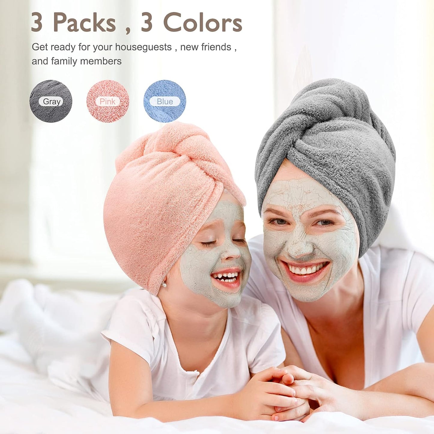 BEoffer Microfiber Hair Towel, 3 Packs Hair Turbans for Women, Men,Kids, Quick Dry Hair Wrap Towels for Curly,Long, Curly Hair Anti Frizz (Gray+Pink+Blue)