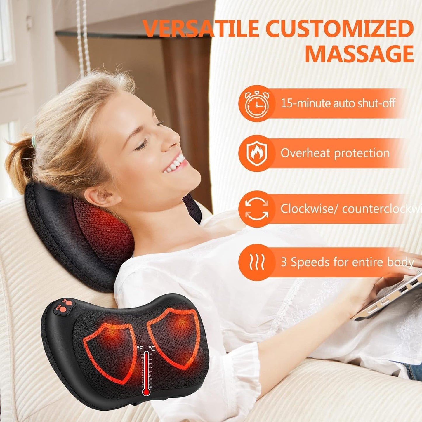 Brelley Neck and Back Massager with Heat Electric Shiatsu Deep Tissue Kneading Massage for Neck, Back, Shoulders, and Legs