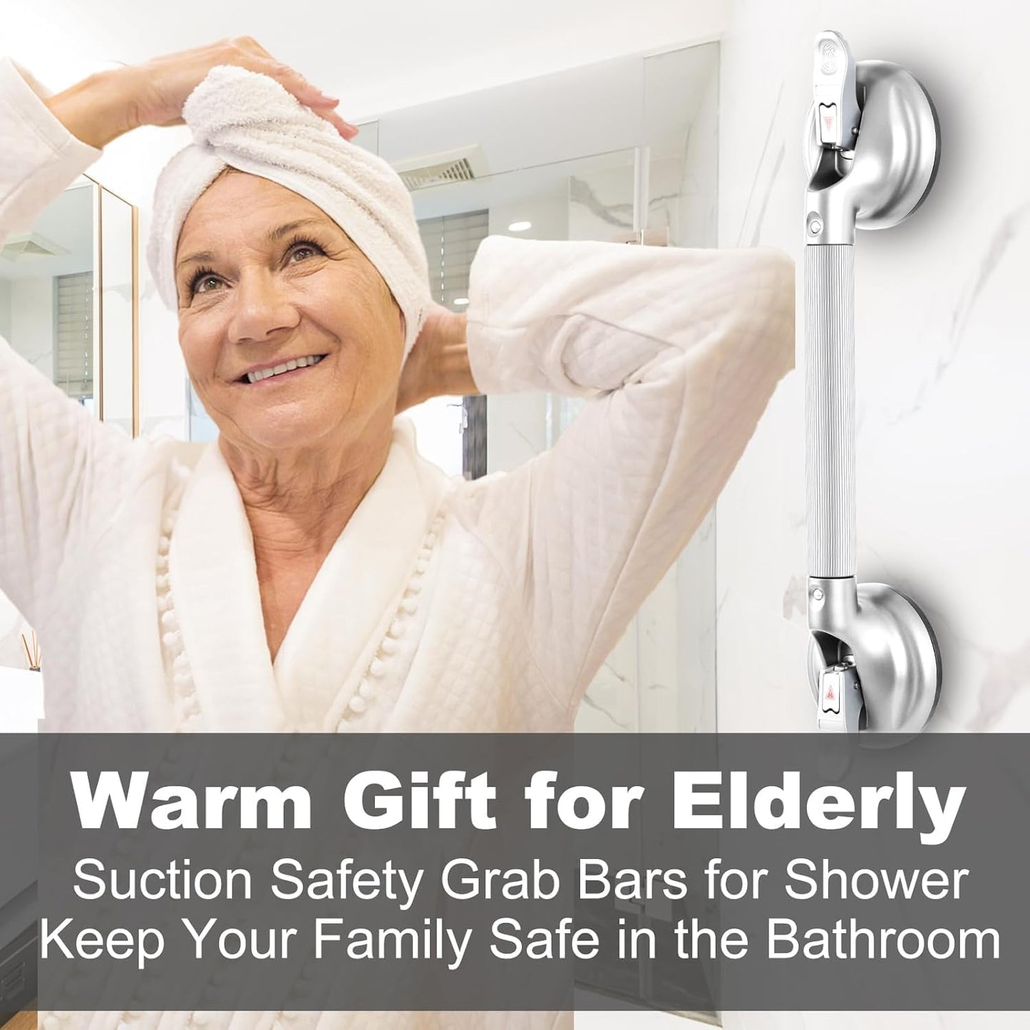 19-Inch Shower Handle - Upgraded Grab Bar with Strong Suction Cups for Bathtub & Shower Safety, Ideal for Seniors, Elderly, Disabled，Silver