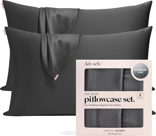 Kitsch Satin Pillowcase with Zipper for Hair & Skin, Softer Than Silk Pillow Cases Queen Size Set of 2, Wrinkle-Free, Smooth and Cooling Satin Pillow Covers, Standard Size 19"x26" - Charcoal, 2pcs