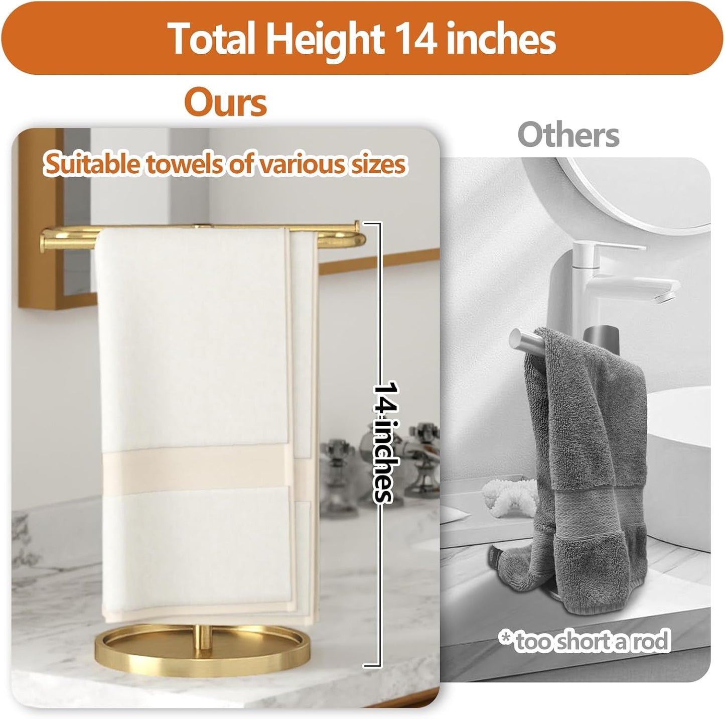 Bathroom Hand Towel Holder Stand Gold, S-Shape Countertop Towel Standing, Stainless Steel Towel Rack Bar Holds 2 Towels for Kitchen