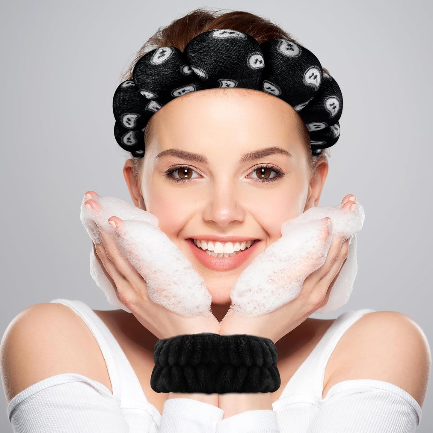 Zkptops Spa Headband for Washing Face Wristband Set Sponge Makeup SkincareVelvet Fabric Bubble Soft Get Ready Hairbands for Women Puffy Headwear Non Slip Thick Thin Hair Accessory (Black Nuts)