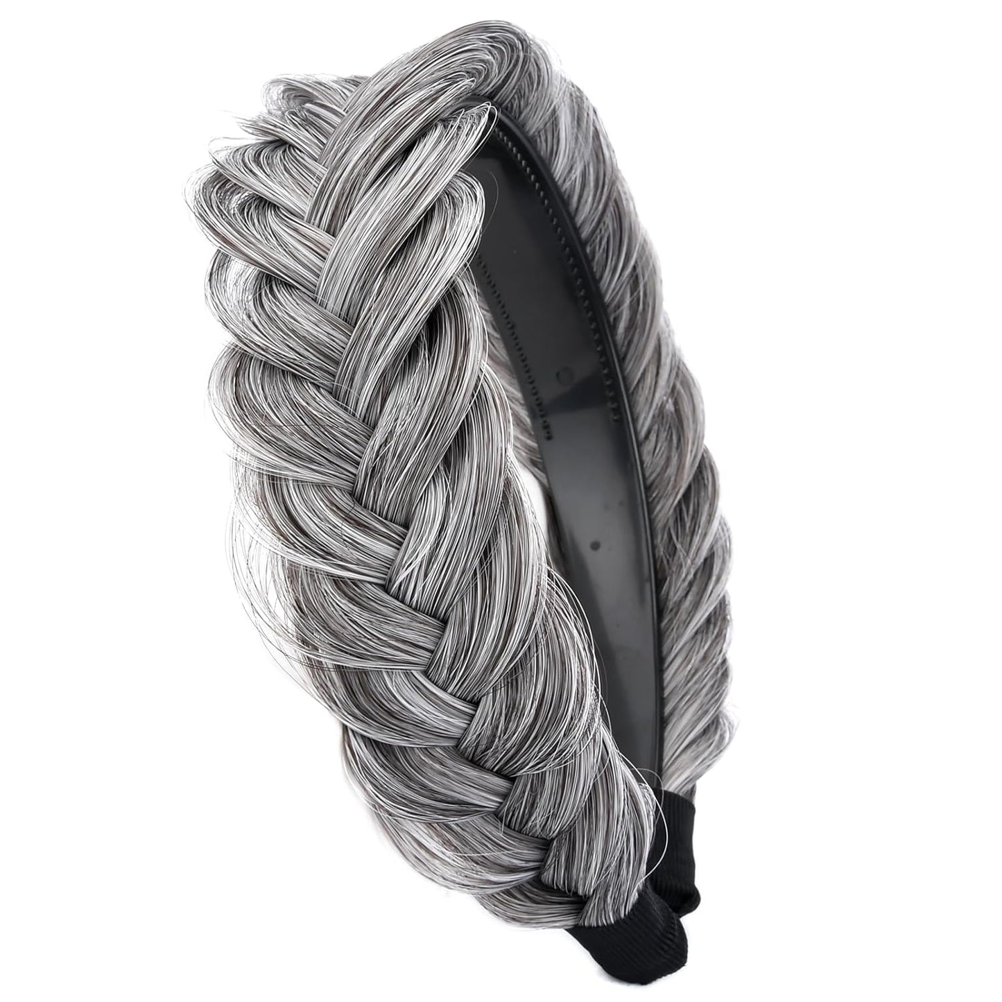 DIGUAN Wide Messy Braided Headband With Teeth Synthetic Hair Plaited Headband High Elasticity Braids Chunky Fishtail Braided Hair Band Hairpiece for Girls Women Beauty Accessory (Salt Pepper)