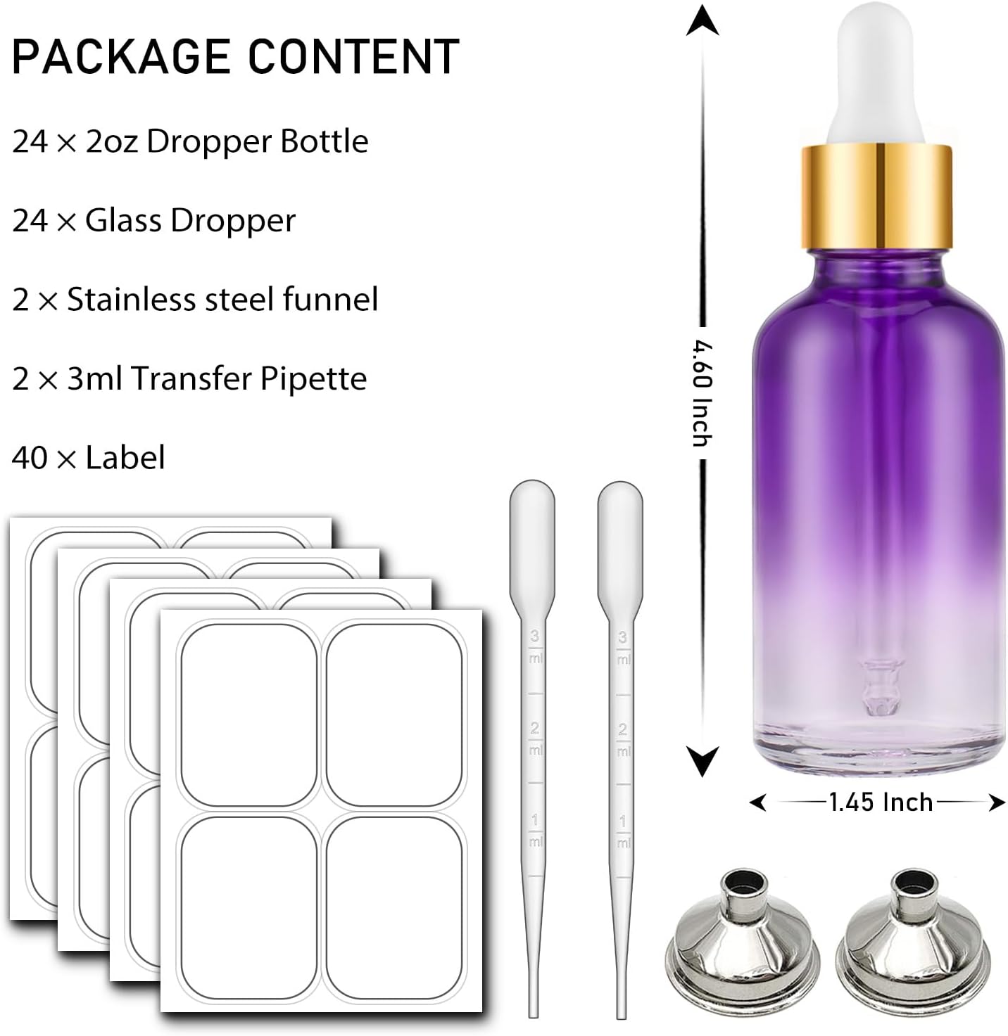 Bumobum 2 oz Dropper Bottle, Purple Glass Eye Dropper Bottles with Golden Top Cap for Essential Oils, 24 pack Tincture Bottle with Labels and Funnel