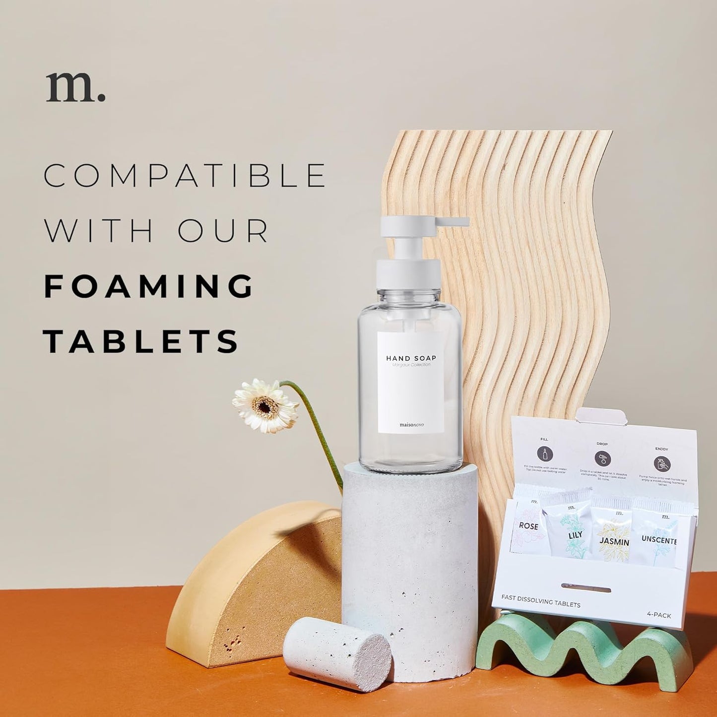 MaisoNovo Glass Foaming Hand Soap Dispenser 14 Oz | Clear Foaming Soap Dispenser Clear Bottle White Pump x 1 w/Labels