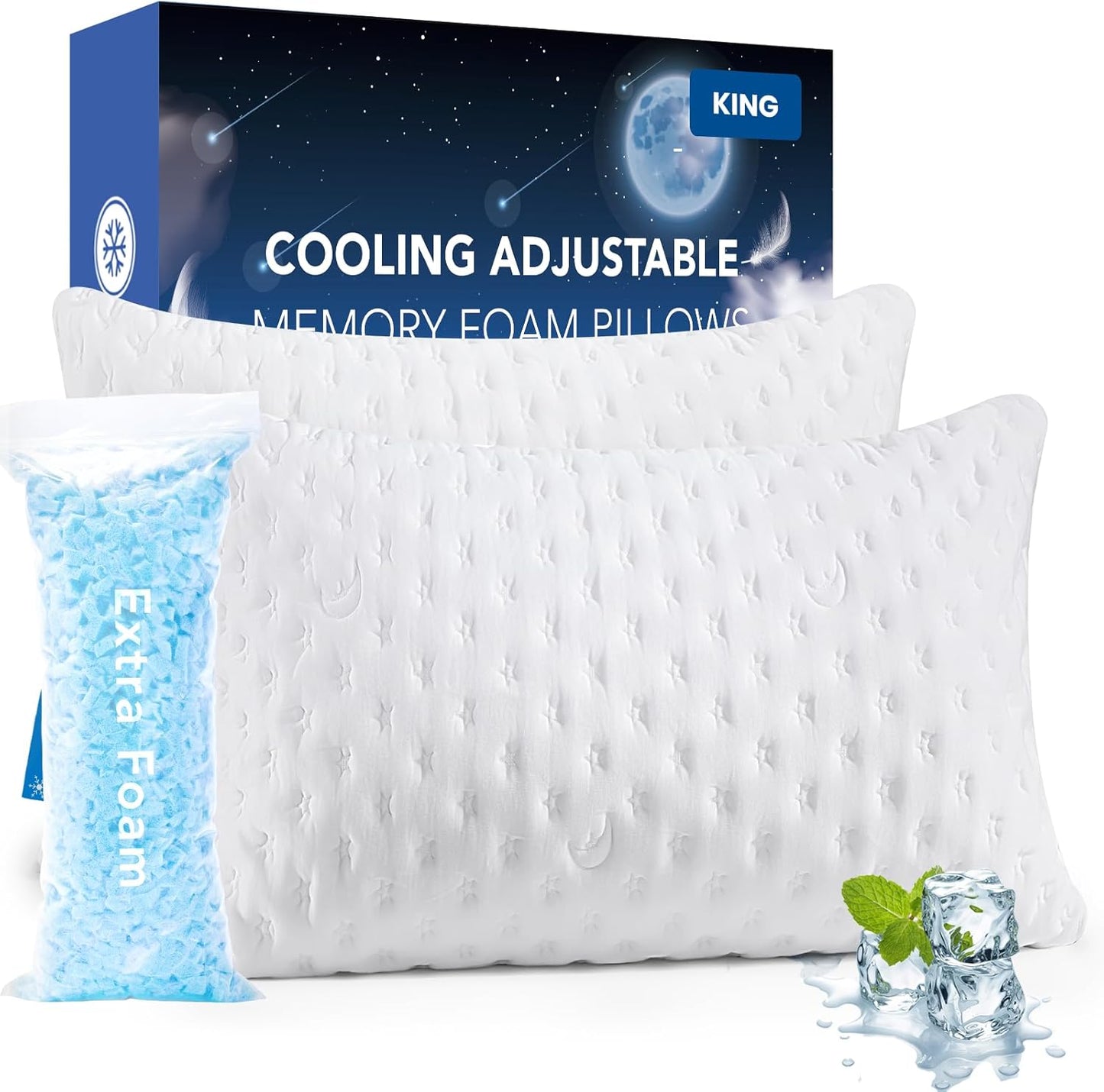 Cooling Side Sleeper Pillow for Neck and Shoulder Pain, Luxury Shredded Memory Foam Curved Bed Pillows for Sleeping Set of 2- Adjustable King Size- Washable Cover Crescent White