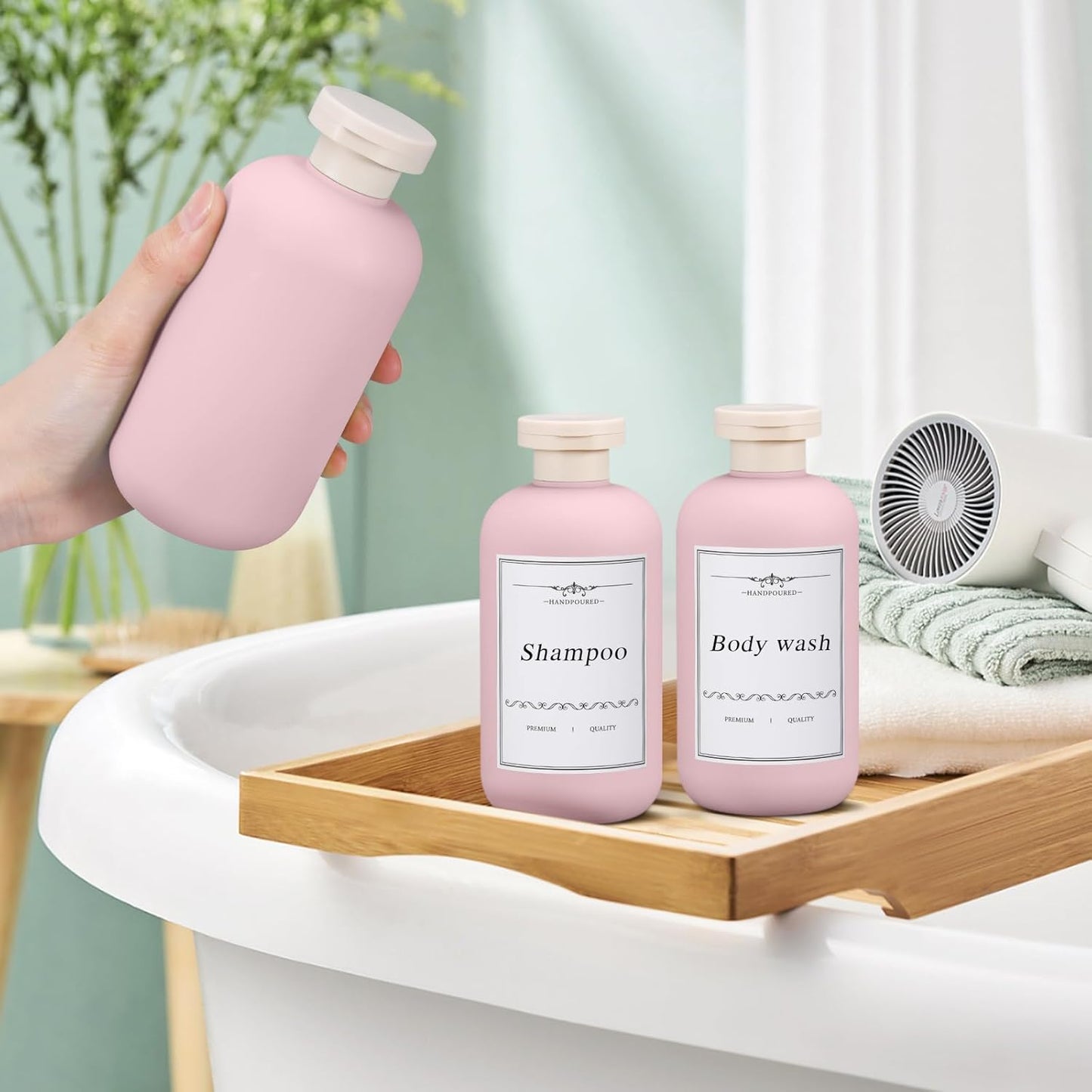 Travel Shampoo Bottle, Empty Plastic Squeeze Bottles 10oz with Flip Cap, Lotion Container for Toiletries Travel Size Shampoo and Conditioner (3 pack pink)