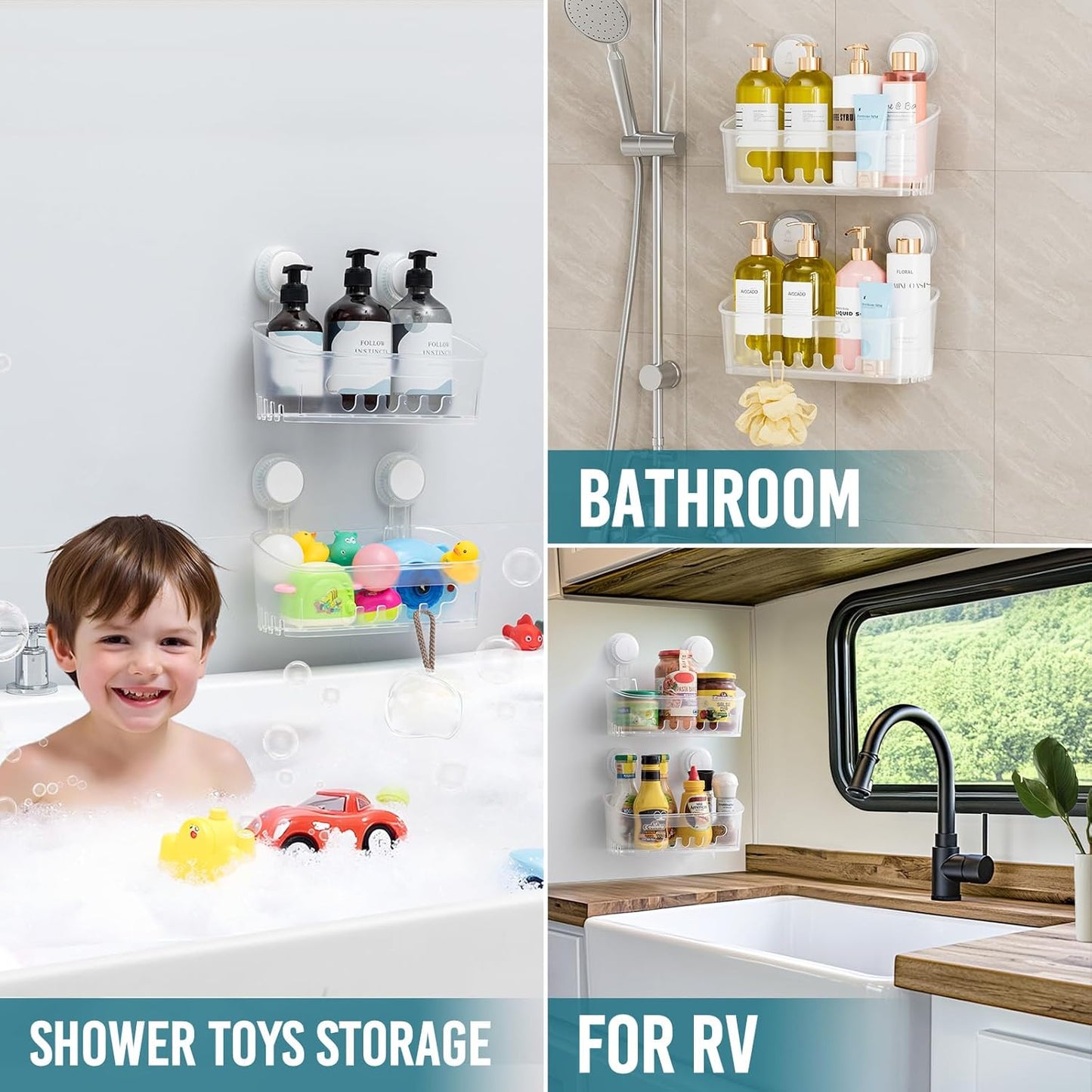 TAILI Shower Caddy Suction Cup, Heavy Duty Bathroom Organizer, Removable Shelves for Inside Shower, Shampoo, Waterproof Suction Plastic Storage for Bathroom Accessories Holder, Frosted Clear