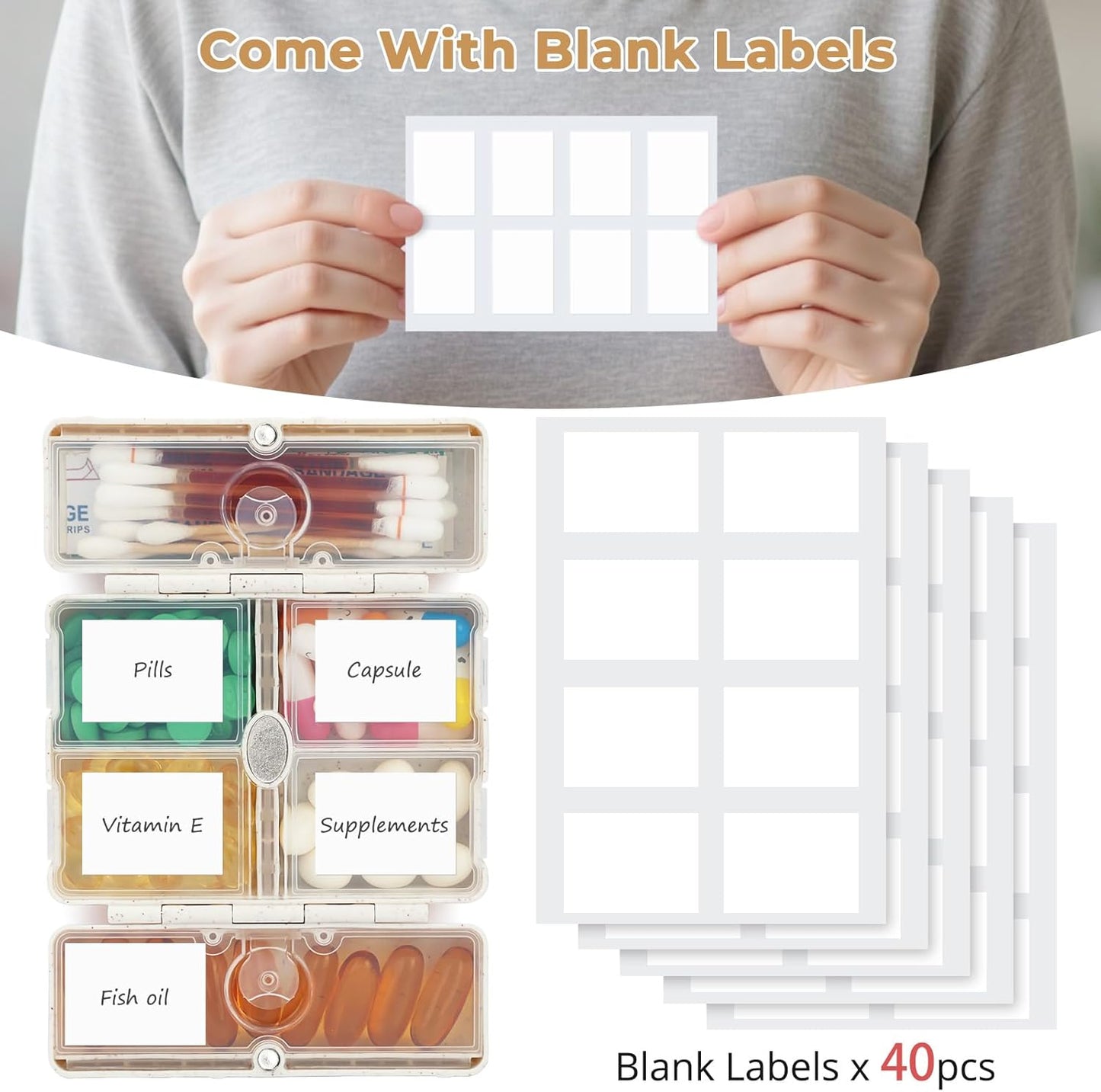 Zentiky Small Daily Pill Organizer with Labels, Medicine Pill Organizer Fit with Your Purse or Pocket for Travel to Hold Vitamin, Fish Oil, Supplement,Cotton Swabs, Bandages or Jewelry-Beige