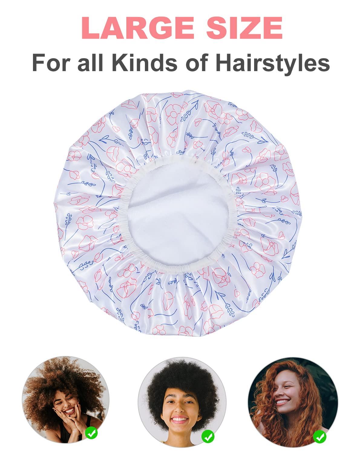 Shower Cap, Triple Layer Large Shower Cap for Women, Terry Cloth Lined Reusable Shower Caps for Long Thick Hair(Line Flower)