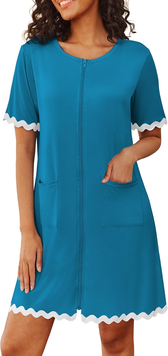Ekouaer Women Zip Up Robe Lightweight Housecoats with Pockets Knee Length Short Bathrobes Soft Nightgown S-3XL