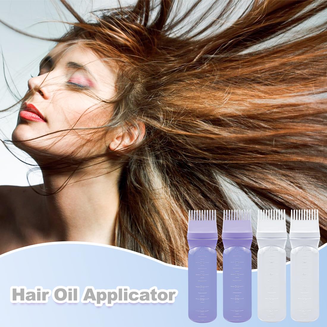 ELANE 4 Pcs Root Comb Applicator Bottle, 6oz, Hair Oil Applicator Bottle for Hair, Salon, Travel, Camping (White+Purple)