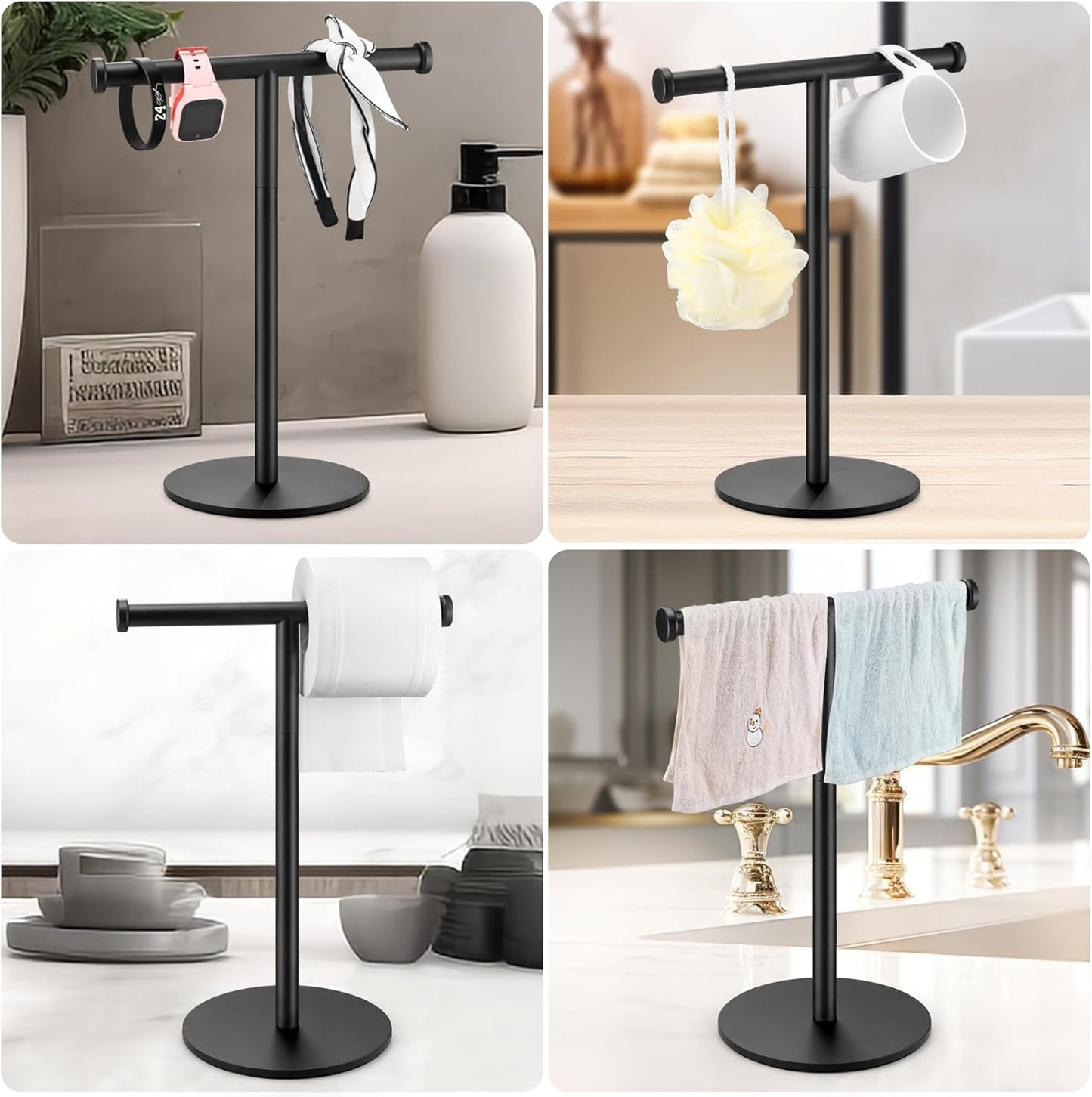 Hand Towel Holder, Matte Black Bathroom Towel Racks, Countertop Towel Stand, T-Shape Towel Holder for Bathroom Kitchen, Size 11" L x 6.7" W x 16.1" H