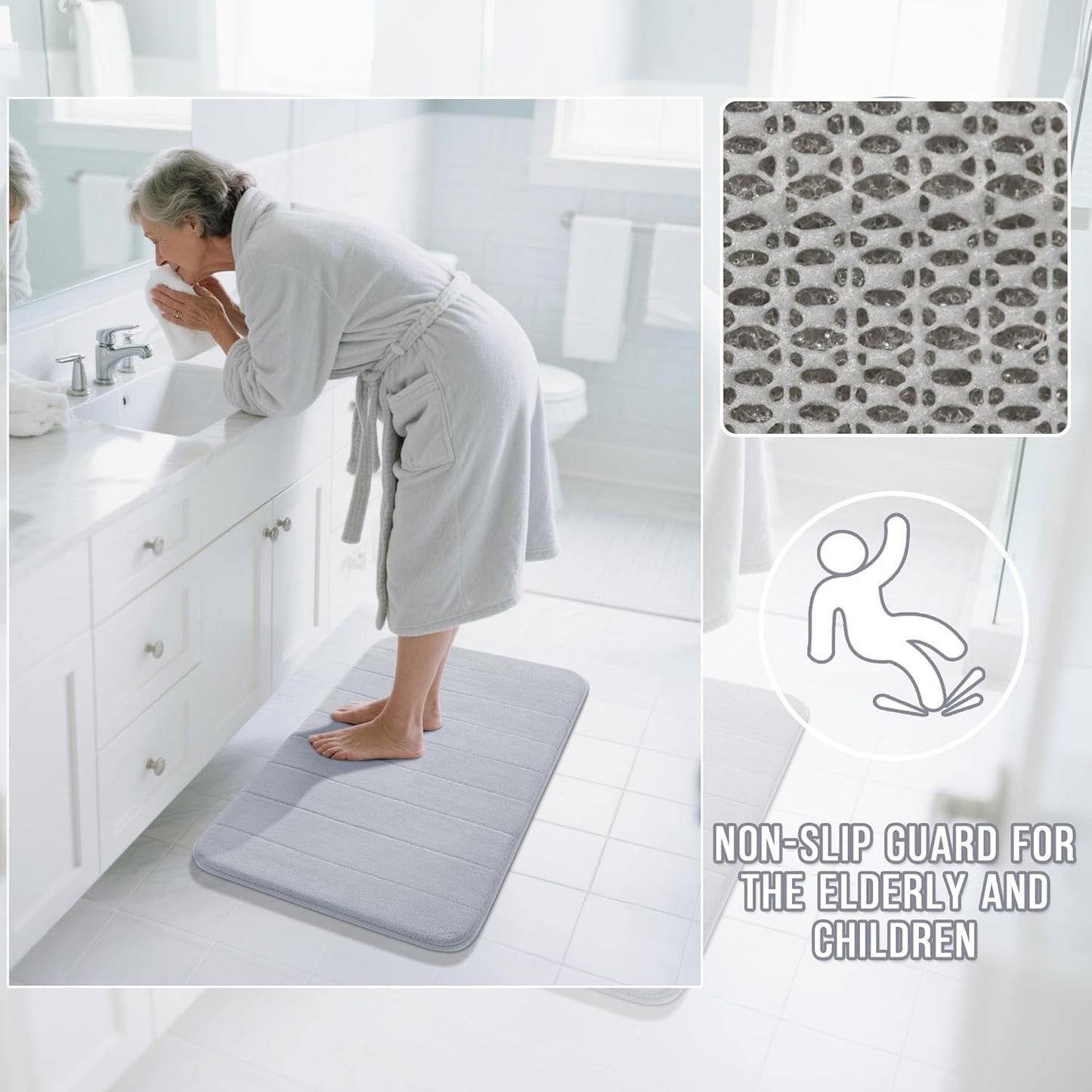 Yimobra Bathroom Runner 55"x24", Non Slip Memory Foam Bath Mat, Super Soft Water Absorbent Hallway Carpet, Machine Washable Rug for Vanity Tub Shower, Silver