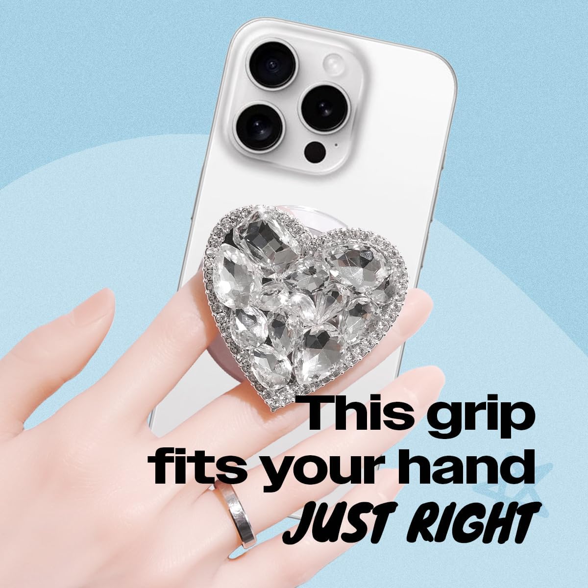 OnTheGrip Compatible with Magsafe Cute Cubic Diamond Heart Shape Design Collapsible Mobile Phone Grip Stand Holder for Smartphone Tablet Cell Phone Accessory (Silver Big)