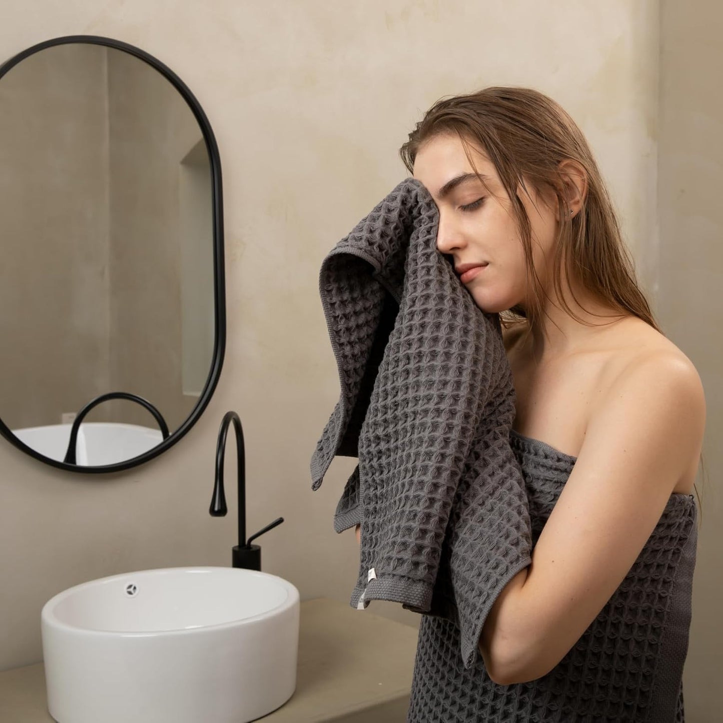 Luxury Japanese Cotton Silk Waffle Bath Towel | Plush, Absorbent, and Quick Dry (Smoke Grey, Face Towel, 16" x 16")