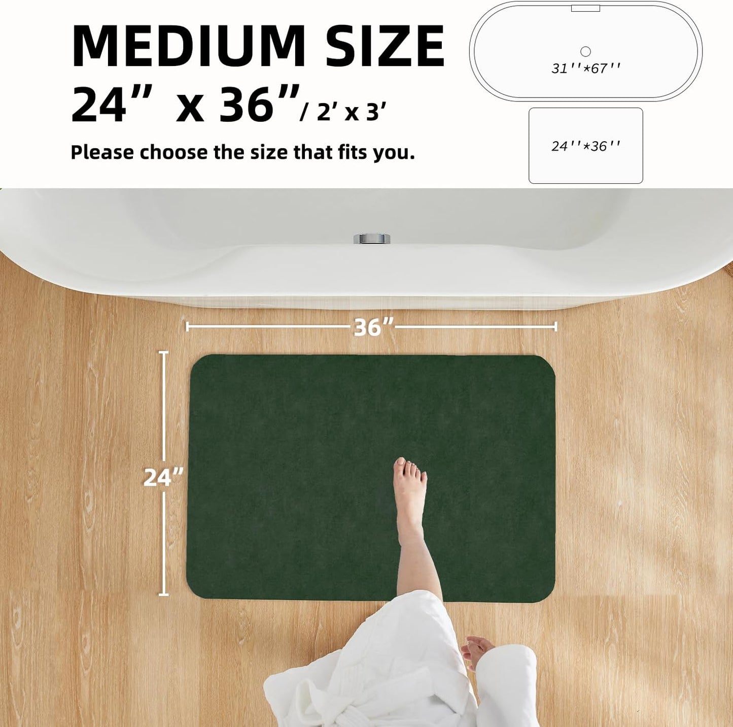 Bathroom Mat Quick Dry, Bathroom Rugs Non Slip Washable Thin Absorbent Bath Mat Fits Under Door Bathroom Floor Mat Perfect for Bath, Shower, or Sink 24"x36" Dark Green