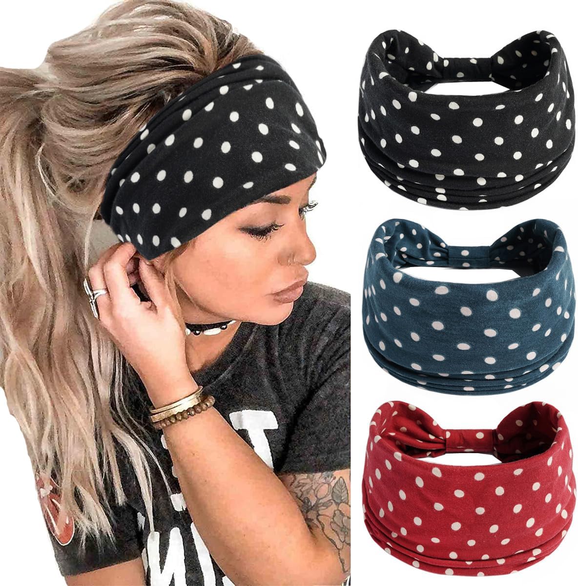 K-Elewon 3 Pack Women Wide Elastic Head Wrap Headband Sports yoga Hair Band