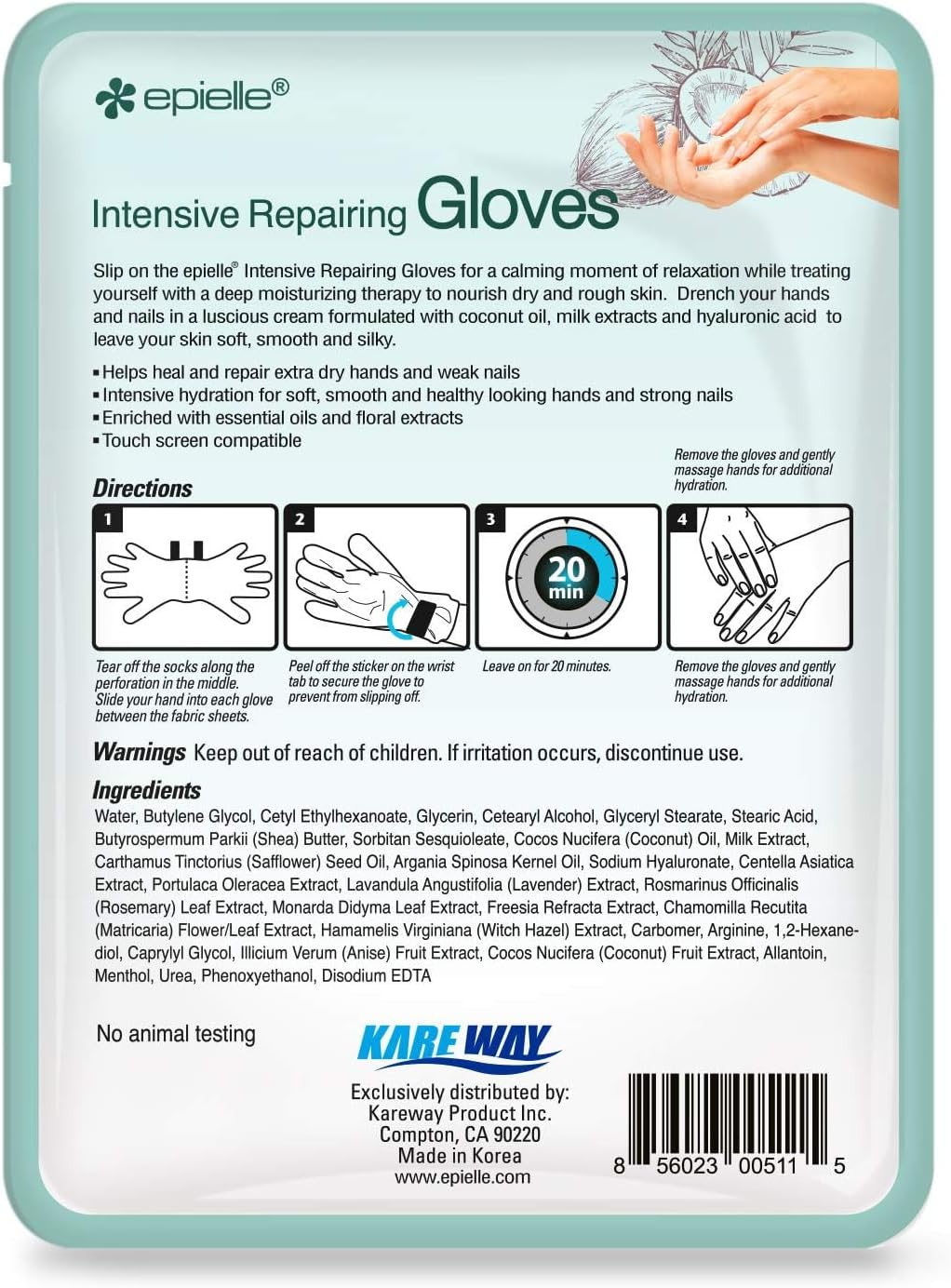 Epielle Intensive Repairing Hand Masks 6 Pairs, Deep Moisturizing Gloves for Dry, Cracked Hands, Repair with Coconut Oil & Milk Extract, Korean Skin Care, Spa Set, Self Care Gifts for Women