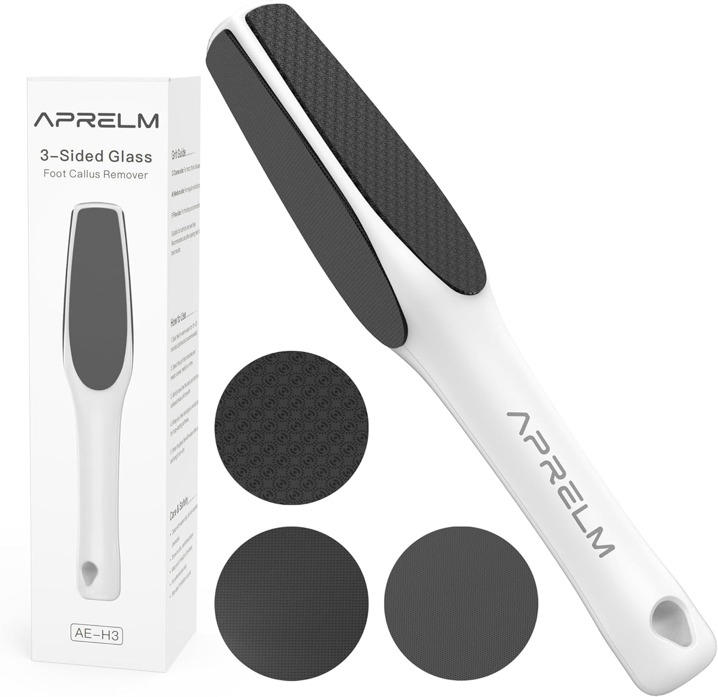 AprElm-H3 Professional 3-Sided Glass Foot Callus Remover, 3-in-1(Coarse, Medium, Fine) Foot File Pedicure Tools for Feet Hard Skin Smooth Polishing (White)
