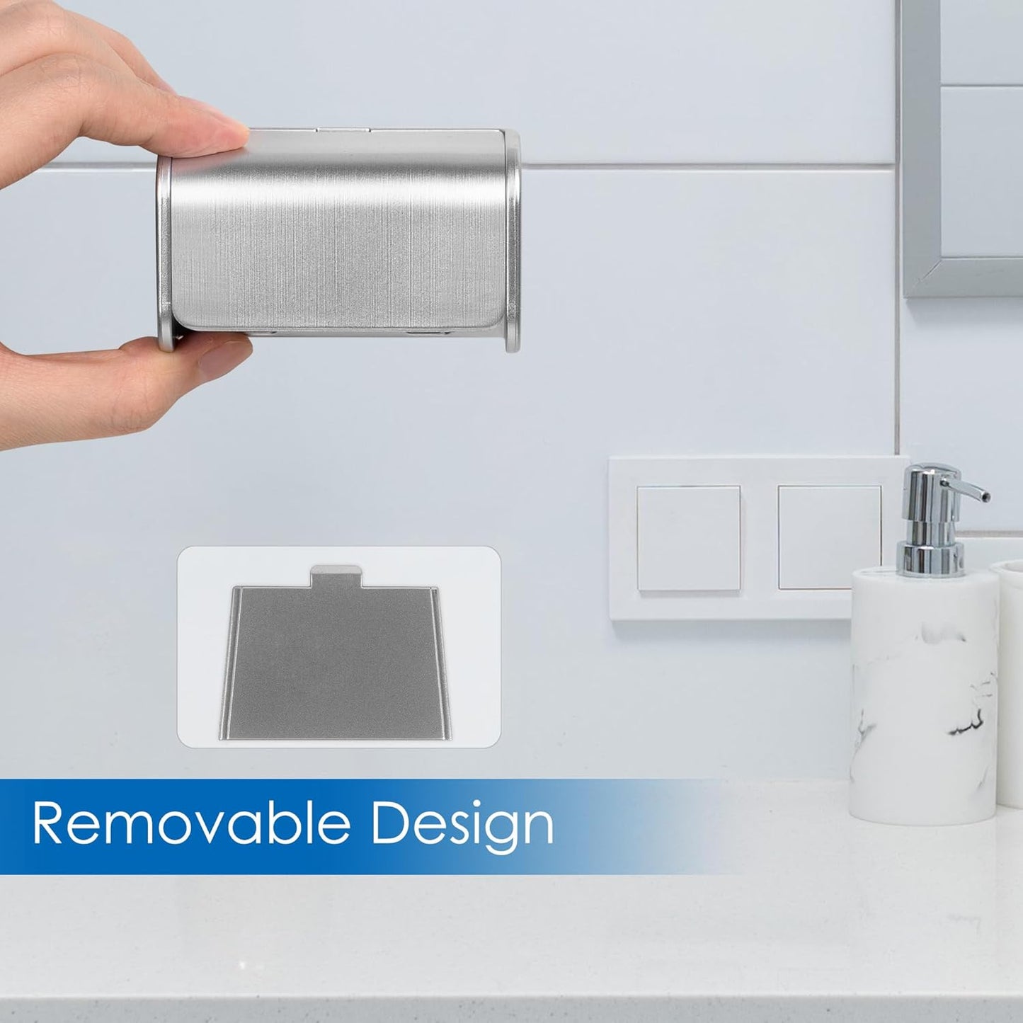 2 PCS Toothbrush Holder Wall Mounted with Cover for Bathroom, 2 Slots Toothbrush Storage Organizer for Shower, Self Adhesive Toothbrush Hanger Rack for Dorm, Cabinet (Brushed Silver)