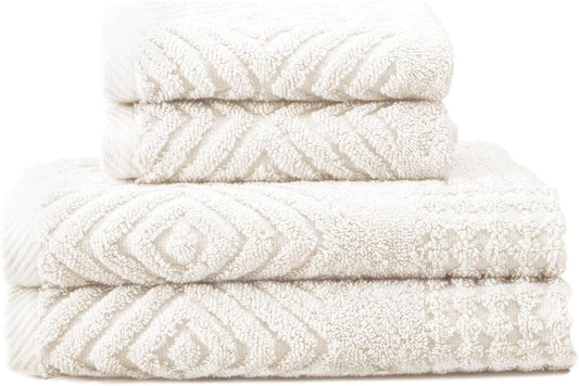 Texere 100% Organic Cotton Diamond Jacquard 700 GSM Luxury Bath Towel Sets - Ultra Soft and Absorbent Hotel and Spa Quality (Diamond, Cream, 2 Hand & 2 Face Towels)