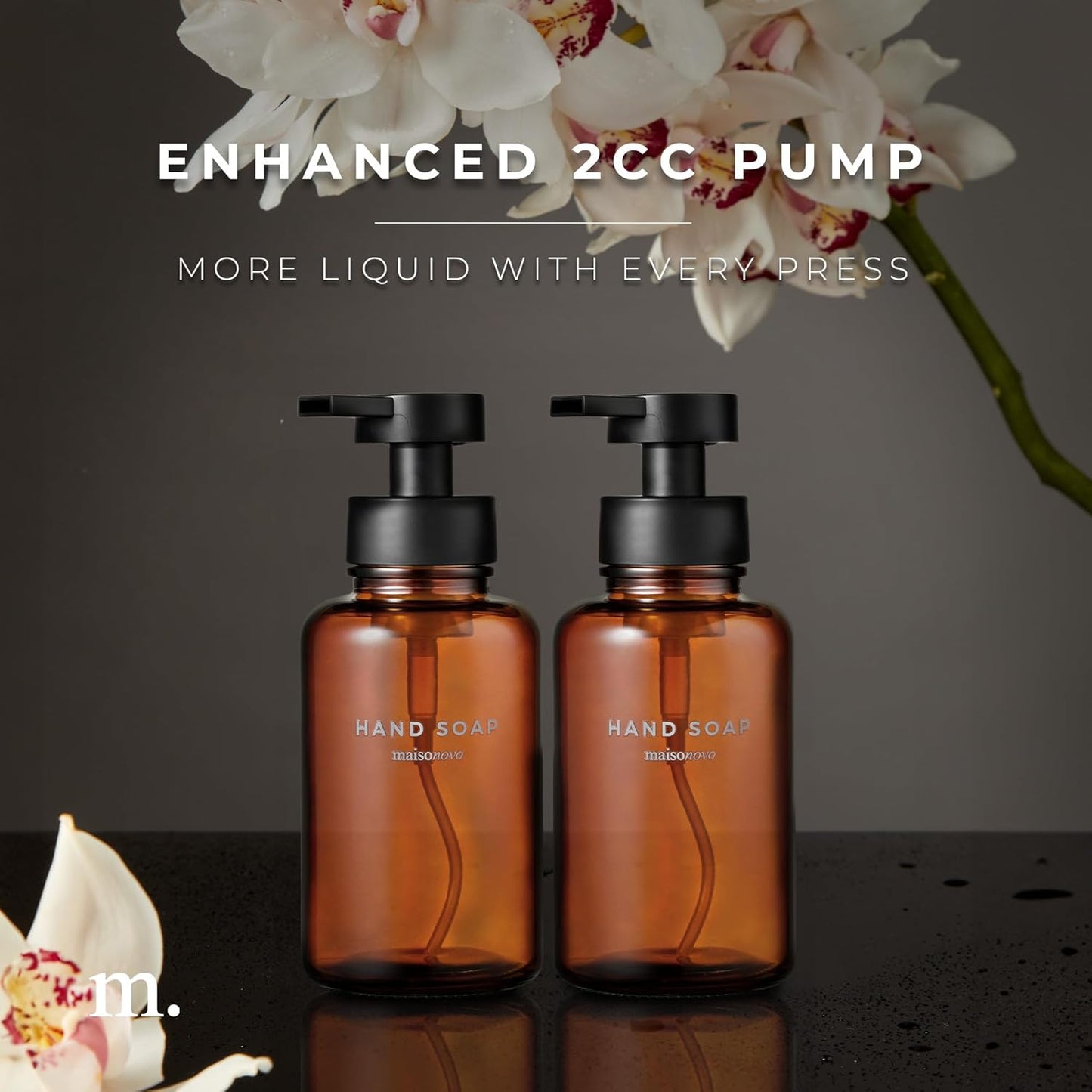 MaisoNovo Glass Foaming Soap Dispenser 14 Oz | Amber Glass Black Pumps x 2