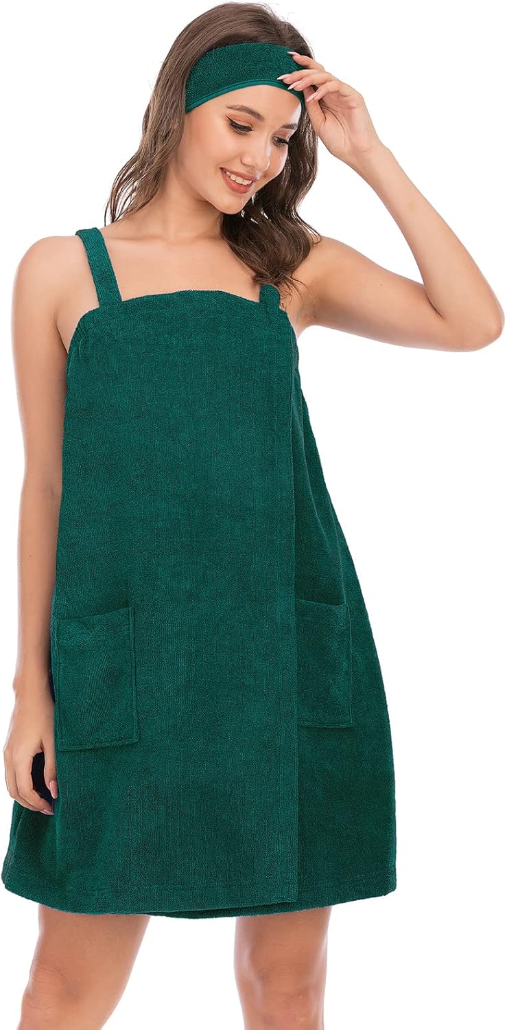 Veseacky Women Bath Wrap Towel for Womens Shower with Pocket Adjustable Spa Robe & Facial Headband