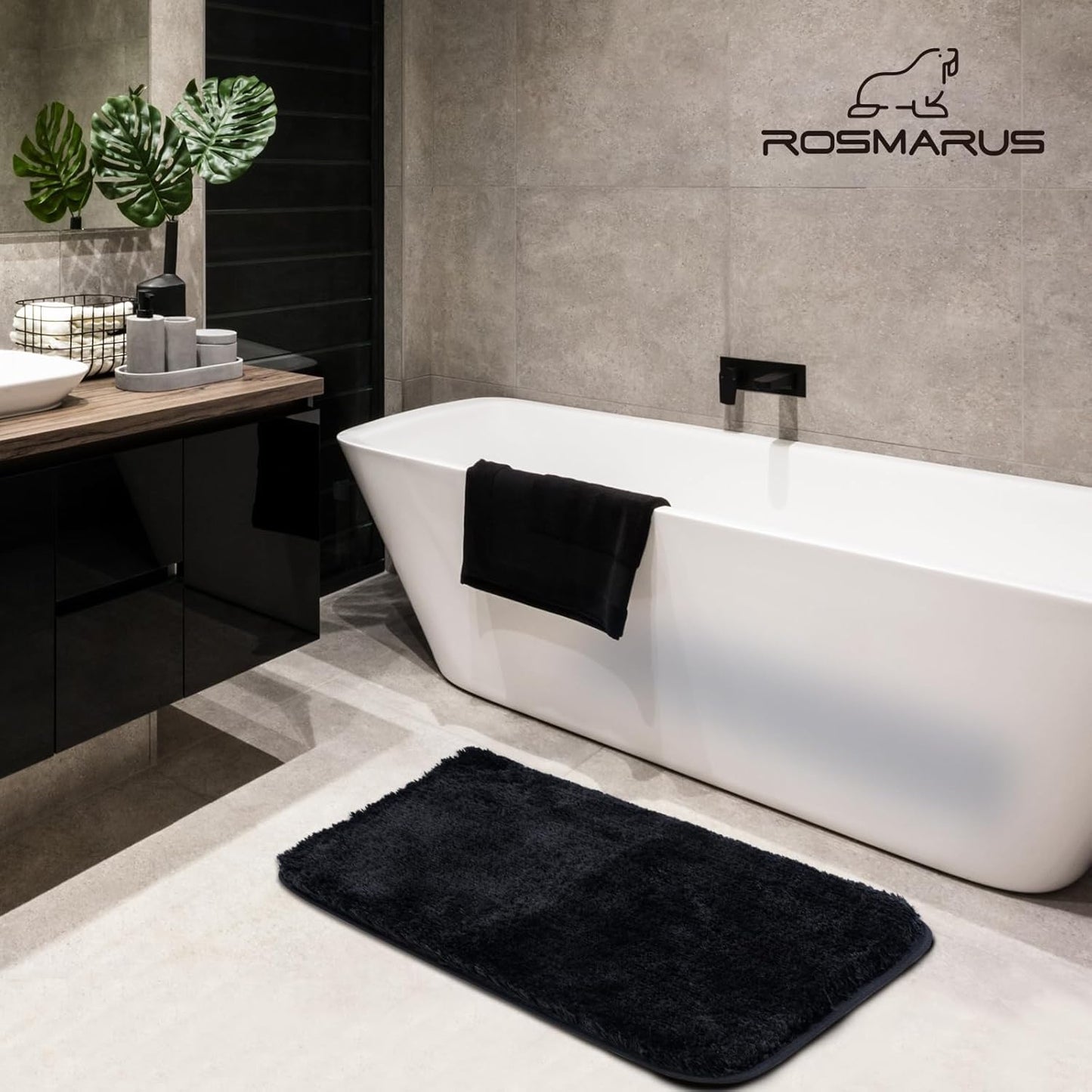 ROSMARUS Shaggy Bath Rugs Non Slip 24" X 36", Water Absorbent Bath Mat, Soft Shower Mat for Floor & Tub, Fluffy Plush Bathroom Rugs Machine Washable, Black