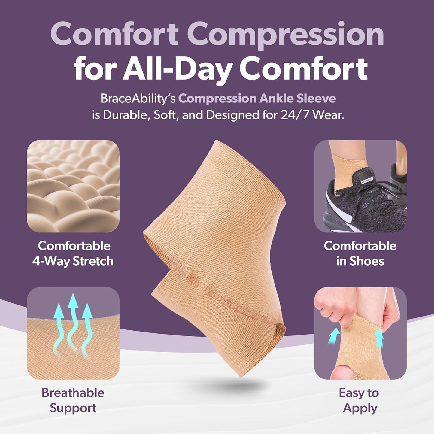 BraceAbility Elastic Ankle Support Brace - Lightweight Slip on Foot and Ankle Compression Sleeve for Gymnastics, Dance, Sports, Running, Exercise, and Sprained Ankle Swelling for Women and Men (Beige, Medium)