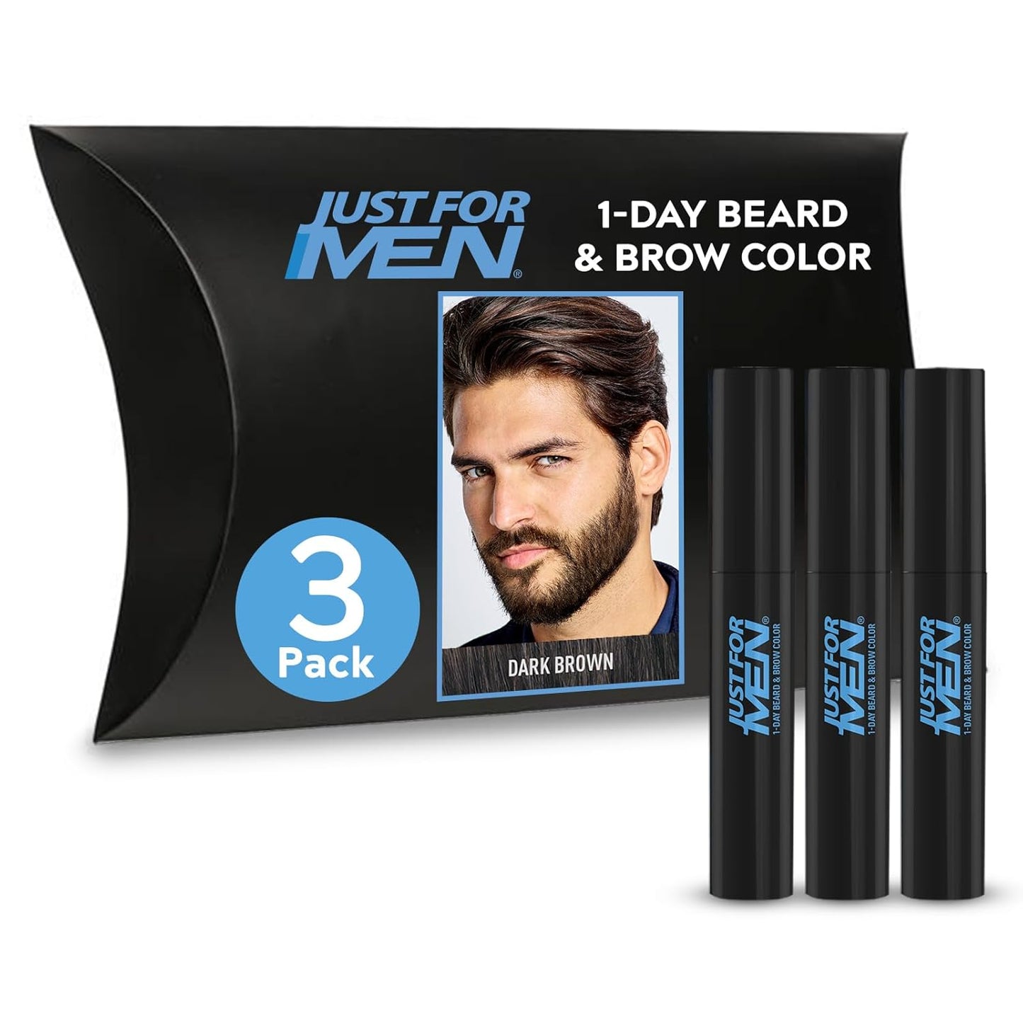Just for Men 1-Day Beard & Brow Color, Temporary Color for Beard and Eyebrows, For a Fuller, Well-Defined Look, Up to 30 Applications, Dark Brown, Ships in Eco-Friendly Packaging (Pack of 3)