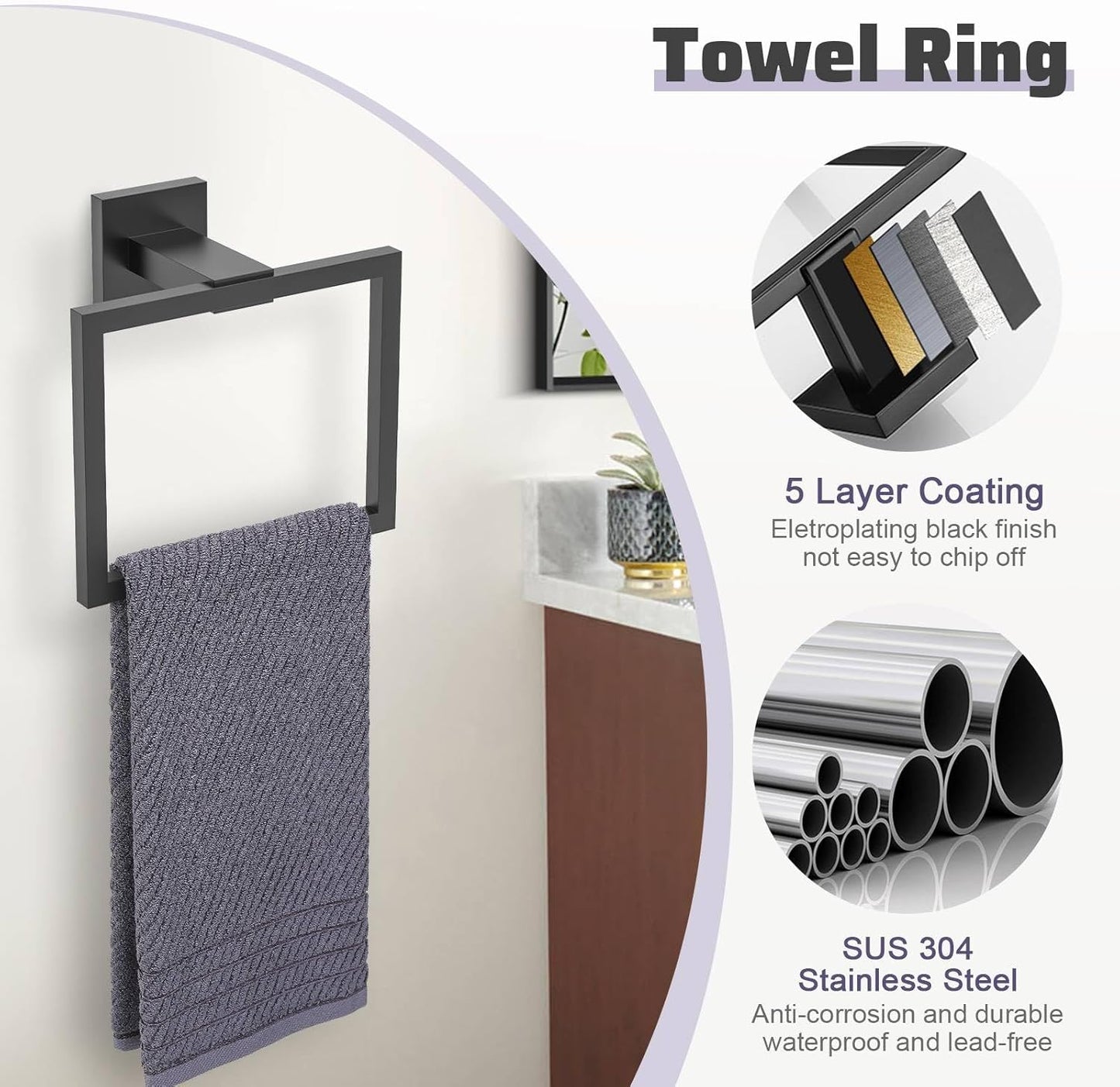 TNOMS Matte Black Towel Bar Set 5-Piece Bathroom Hardware Accessories Set,23.6 Inch Modern Towel Holder Set SUS304 Stainless Steel Towel Rack Set for Bathroom,Wall-Mounted