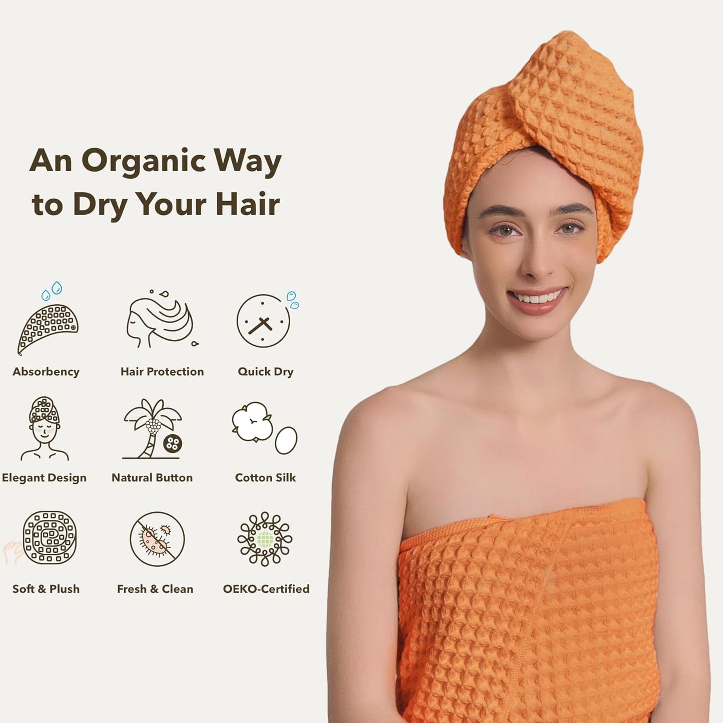 Hair Towel | 100% Cotton Silk Hair-Drying Waffle Wrap Turban for Women, Ultra-Absorbent, Anti Frizz, Hair Damage Protection for Straight and Curly Hair (Coral Orange, 1 Pack)