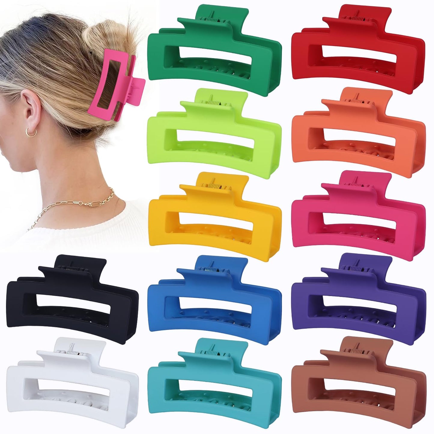 3.5 Inch Medium Hair Accessories: 12 Pcs Square Jaw Clips for Thick and Thin Hair - Rectangular Bulk Clips for Women and Girls - Dopamine