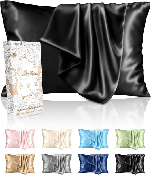 Silk Pillowcase 2 Pack - Pillow Cases Standard Set of 2 Size 20" x 26" for Hair and Skin Smooth Soft Breathable with Hidden Zipper Cooling Pillow Covers for Sleeping Women, Black