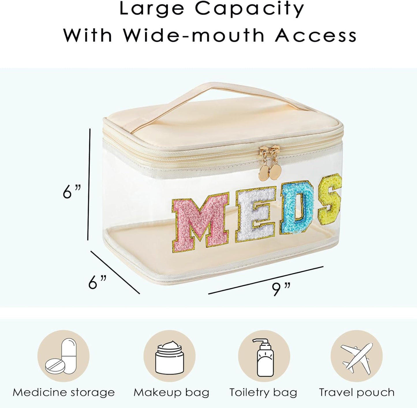 Chenille Letter Clear Medicine Makeup Bag, Large Size Waterproof Nylon Cosmetic Toiletry Storage bag with Top Handle, Transparent Meds First Aid Travel Organizer Cosmetic Bag(03Beige)