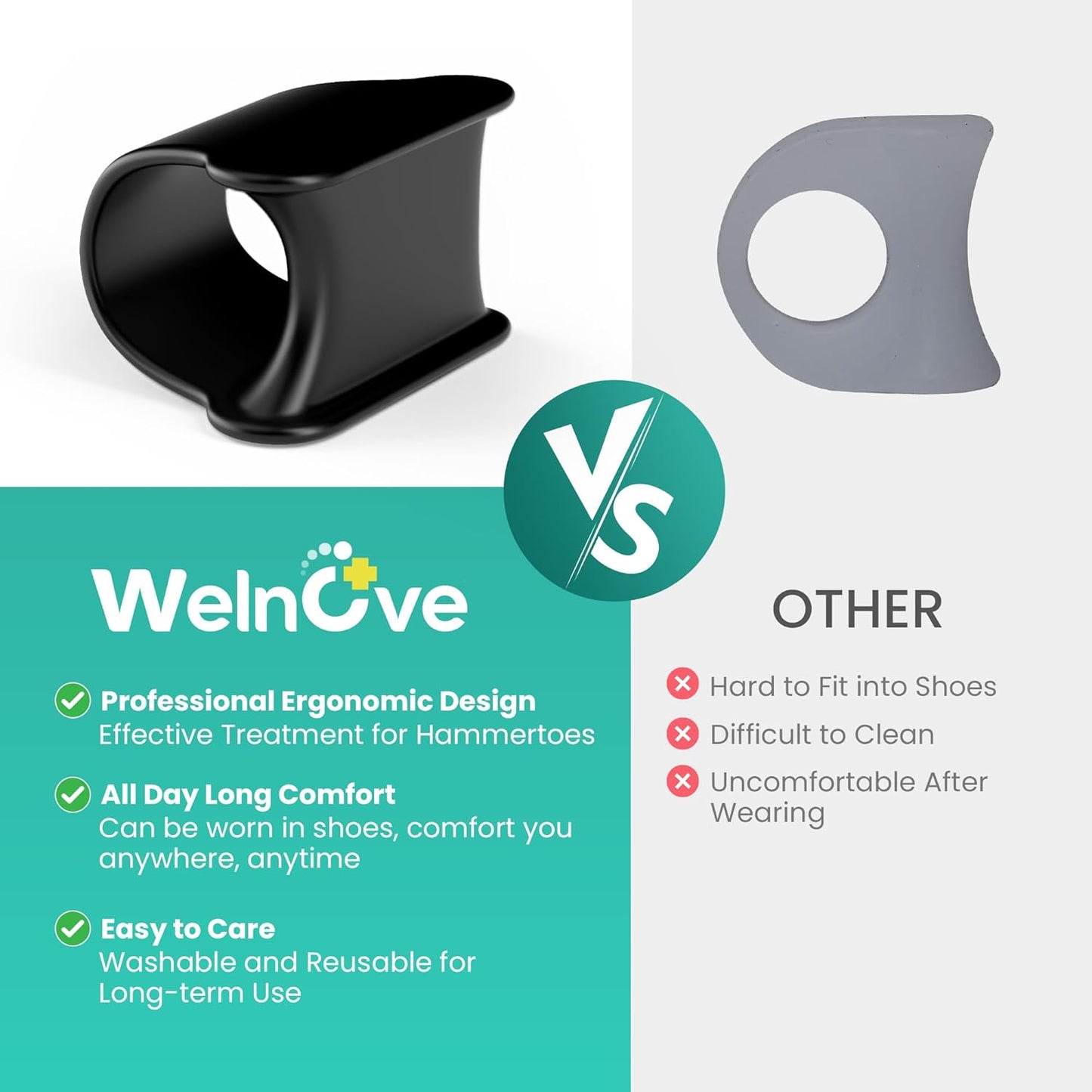 Welnove Hammertoe Corrector - 6 Pack Toe Splints - Soft Gel Toe Straighteners - Realign Bent, Curled, Crooked, Claw, Hammer Toes for Men and Women, 3 Different Sizes (Black)