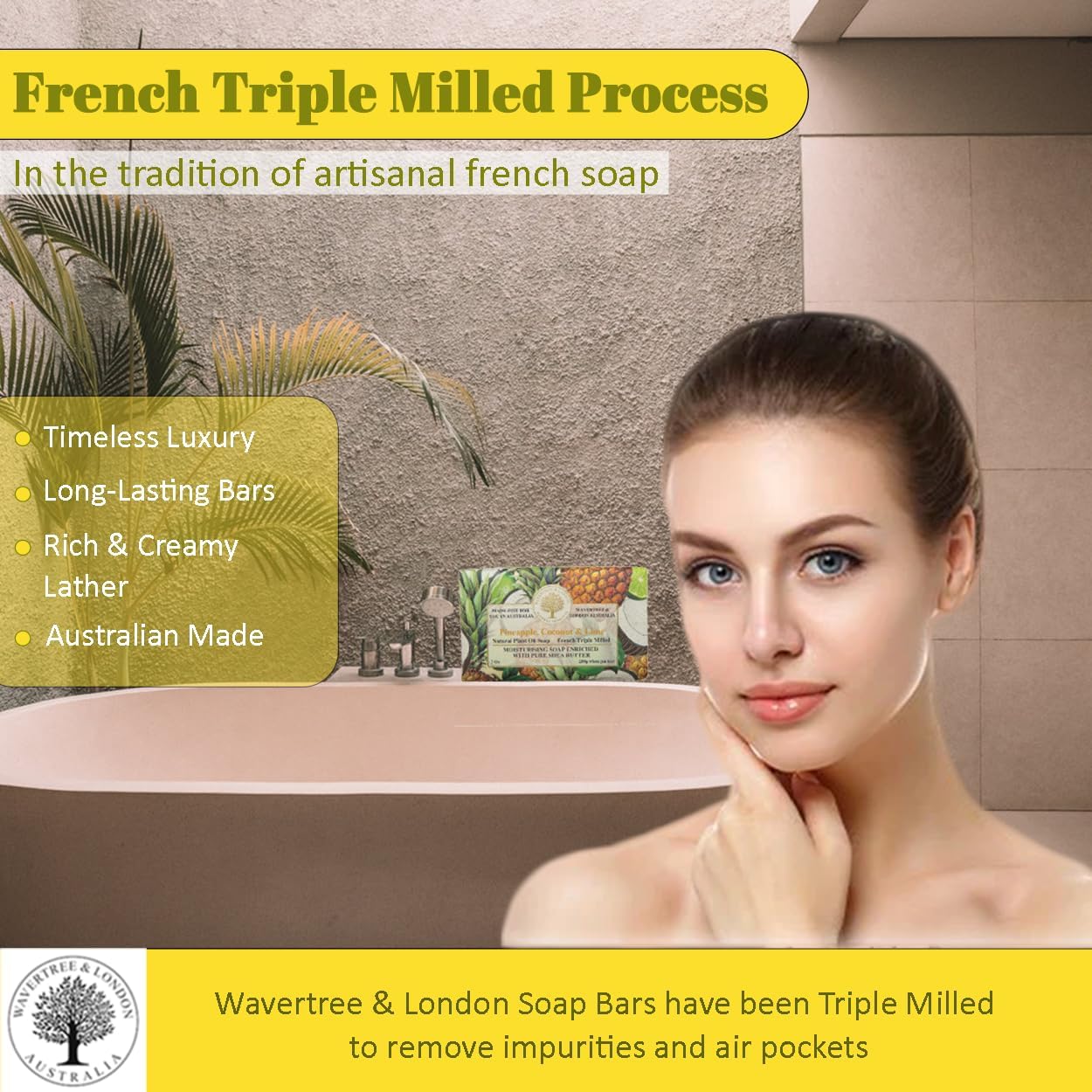 Wavertree & London Pineapple, Coconut & Lime Scented Natural Soap Bar, 7oz Moisturizing French Triple Milled Soap Bar for Women & Men enriched with shea butter - Pure Bath & Body soap bar