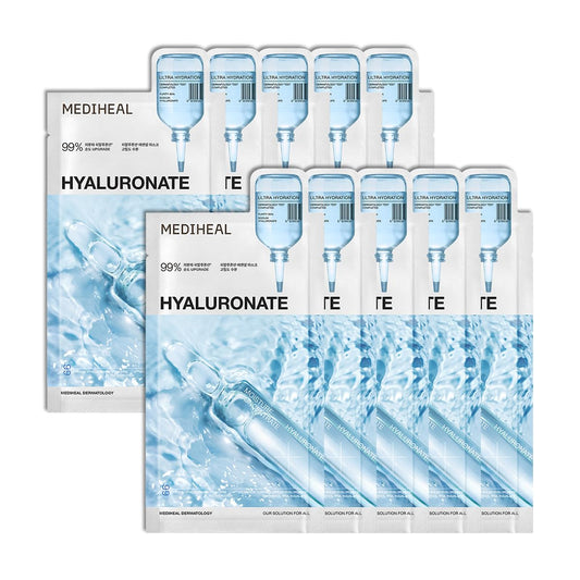 Mediheal Essential Mask (10pcs, Hyaluronate) 98% Pure Hyaluronic Acid for Long-lasting Hydration, Deep Skin Absorption & Moisture Barrier Vegan formula
