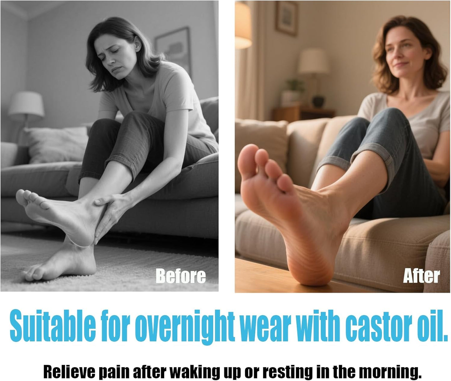 Castor Oil Pack Wrap for Foot, Castor Oil Moisturizing Heel Socks, for Plantar Fasciitis, Cracked Heels - Suitable for Overnight Moisturizing of Feet (Without Essential Oils) (Blue - 2 Pairs)