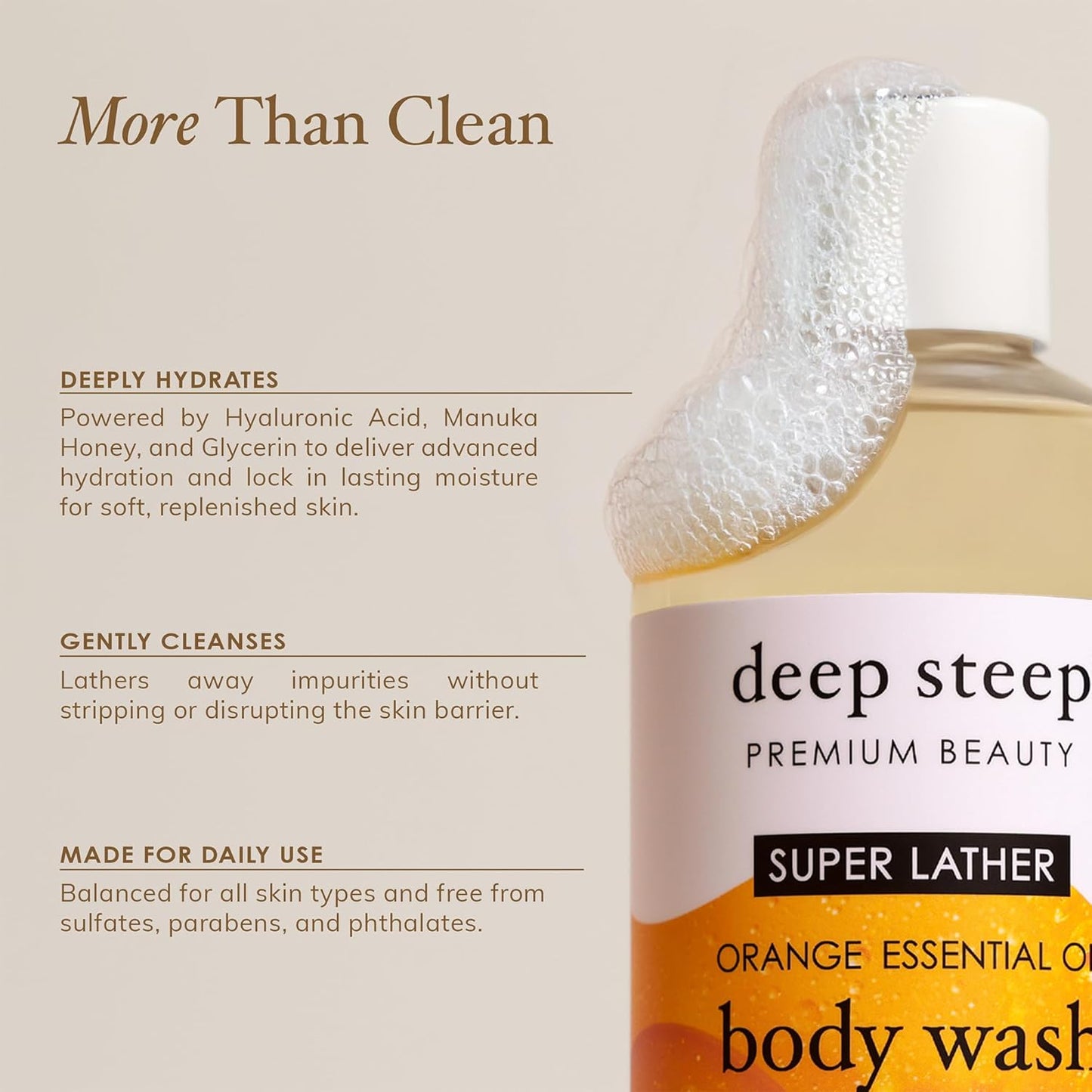 Deep Steep Super Lather Body Wash, Orange, 17 oz – Hydrating Shower Gel with Hyaluronic Acid, Manuka Honey, & Orange Essential Oil – Vegan, Clean Beauty, Clean & Refreshed Skin
