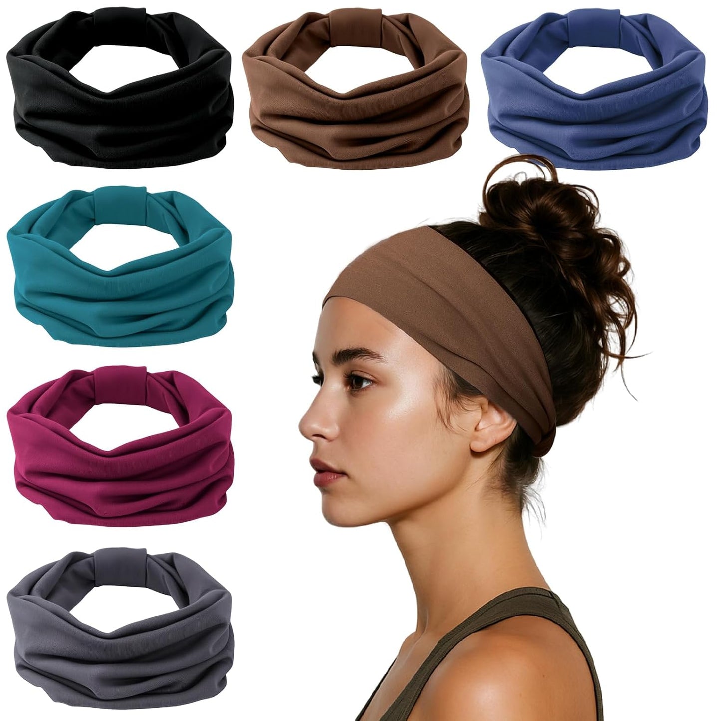 Headbands for Women, Wide Elastic Head Bands, Non-Slip Thick Hair Bands, Sports Stretchy Sweat Bands, Large Knotted Soft Headband, Gray Burgundy Green Black Coffee Navy