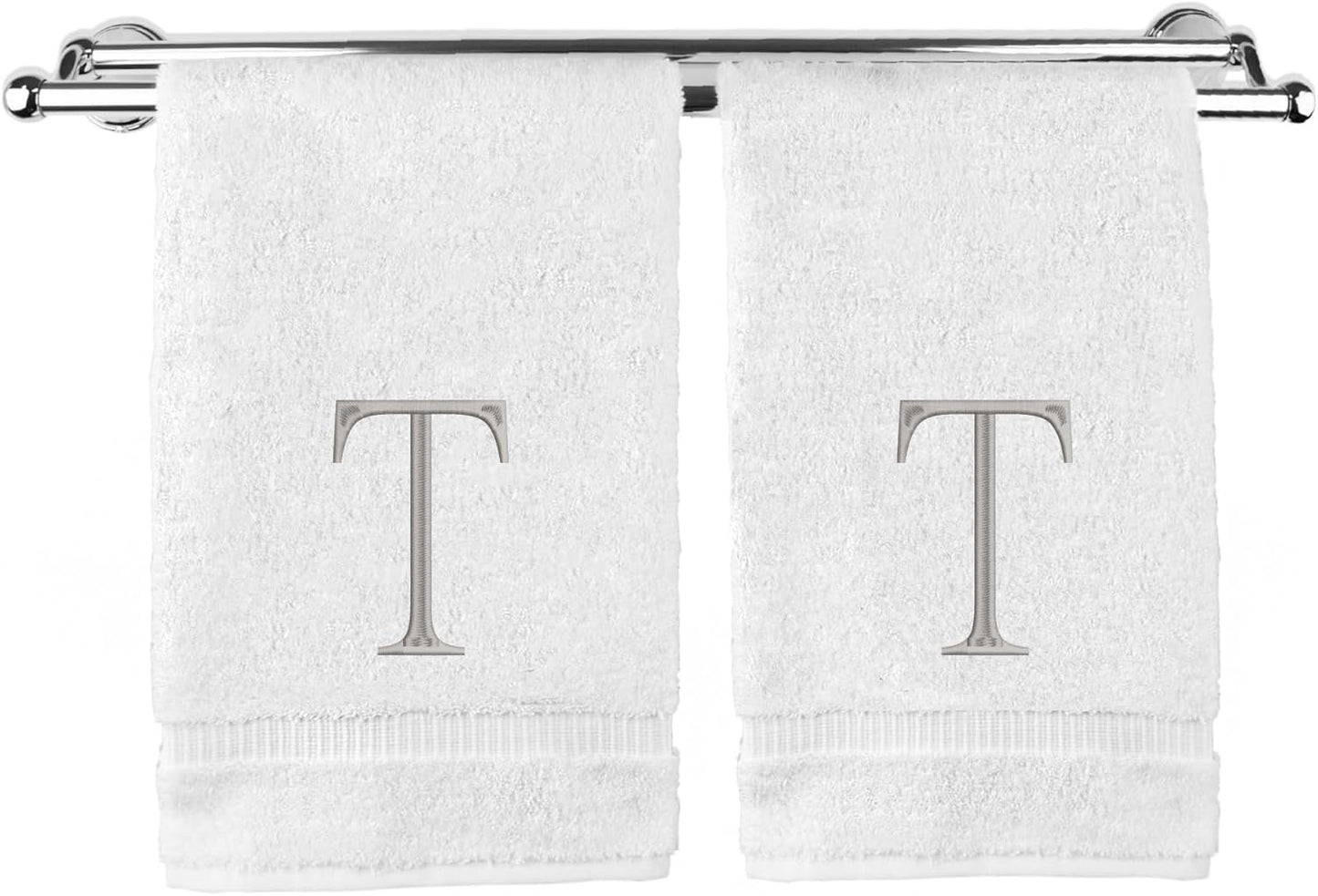 Monogrammed Hand Towel, Personalized Initial Gift, Extra Absorbent 100% Turkish Cotton - Soft Terry Finish - Set of 2 - Silver Block Initial T - Embroidered on White Towels