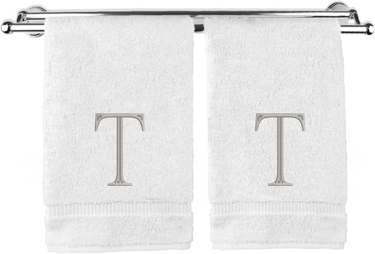 Monogrammed Hand Towel, Personalized Initial Gift, Extra Absorbent 100% Turkish Cotton - Soft Terry Finish - Set of 2 - Silver Block Initial T - Embroidered on White Towels