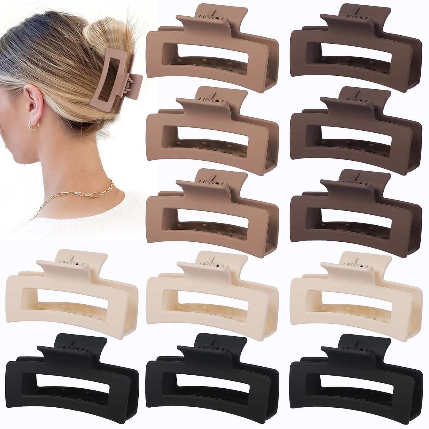Hair Claw Clips, 3.5 Inch Medium Square Jaw Clips 12 Pcs for Thick and Thin Hair - Matte Black, Dark Brown, Light Brown, Bulk Hair Accessories